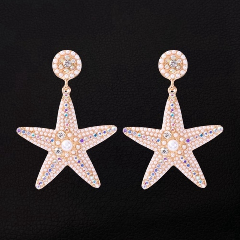 Starfish Summer Vacation Tropical Beach Gold Rhinestone Earrings